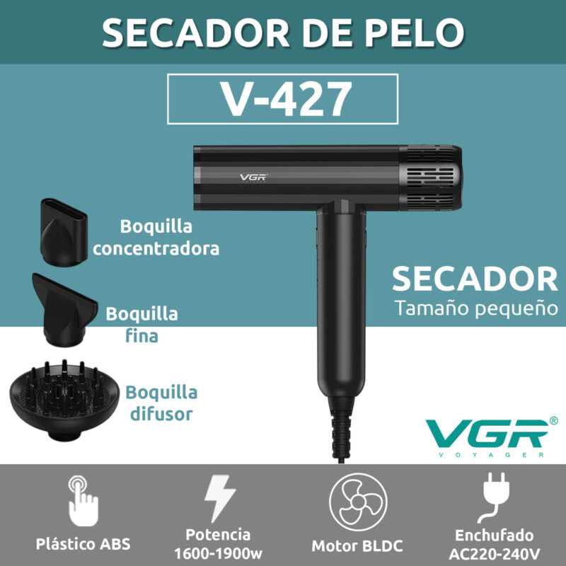 Secador de Pelo VGR V-427 BLDC 1900W – Profesional Iónico para Salón
